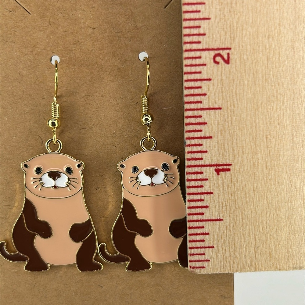 18k Gold Platted Hook Otter Dangle Earrings - Picture 2 of 2